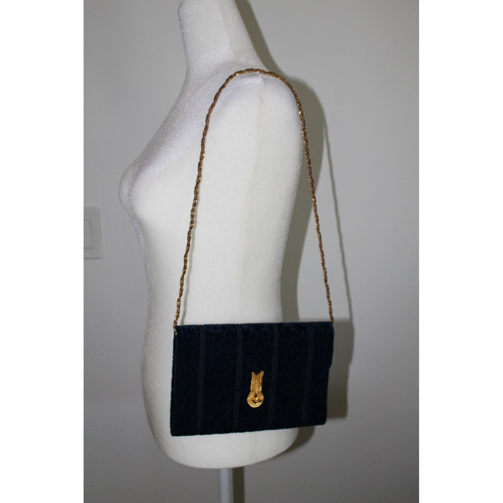 VTG Elegant Navy Blue Velvet Floral Clutch Evening Bag Gold Chain Strap